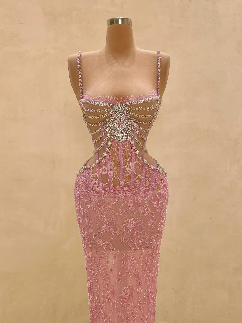 Dazzling Pearls Rhinestones Evening Dress Opulent See Through Lace Long Wedding Party Gowns Customized Elegant Banquet Gowns