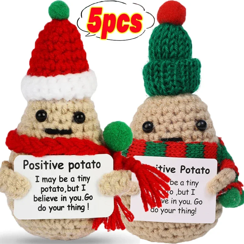 5/1x Christmas Positive Potato Doll with Santa Hat Emotional Support Stuffed Animals Crochet Knitting Toys Xmas Party Home Decor