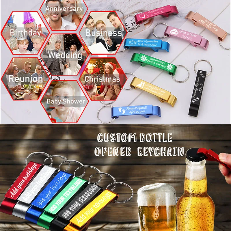 50pcs Aluminum Alloy Multicolor Beverage Beer Bottle Opener Wedding Favors Party For Guests Promotion Gifts Customized Keychains