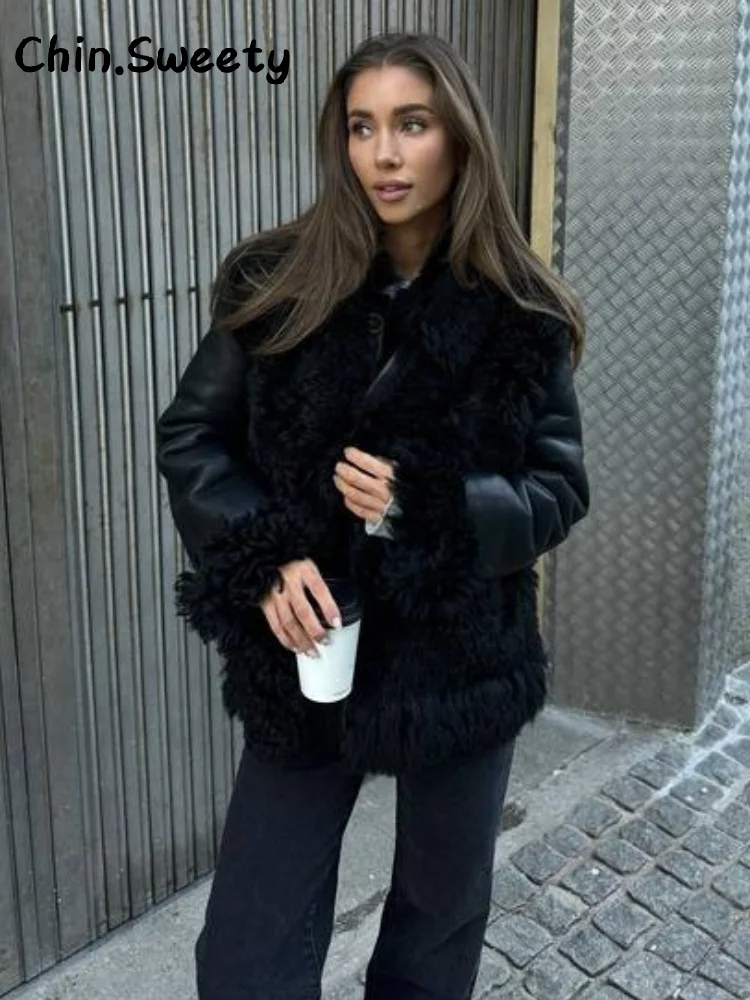

Chic Women's Single Breasted Fur Spliced Leather Coats Black O-neck Long Sleeve Female Jacket 2025 Autumn Lady Commute Outwear ﻿