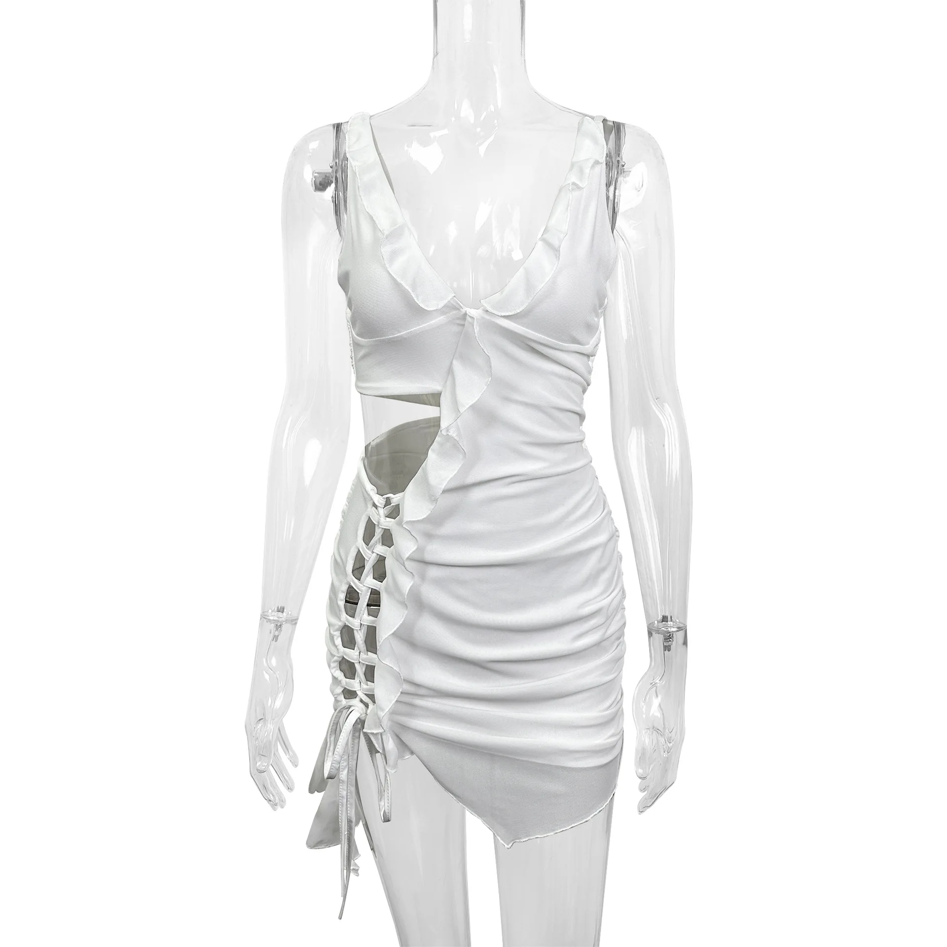 Customized Cross-border New Cut-out Backless Lace-up Skirt European And American Summer Sexy V-neck Ruffled Mesh Hip Skirt