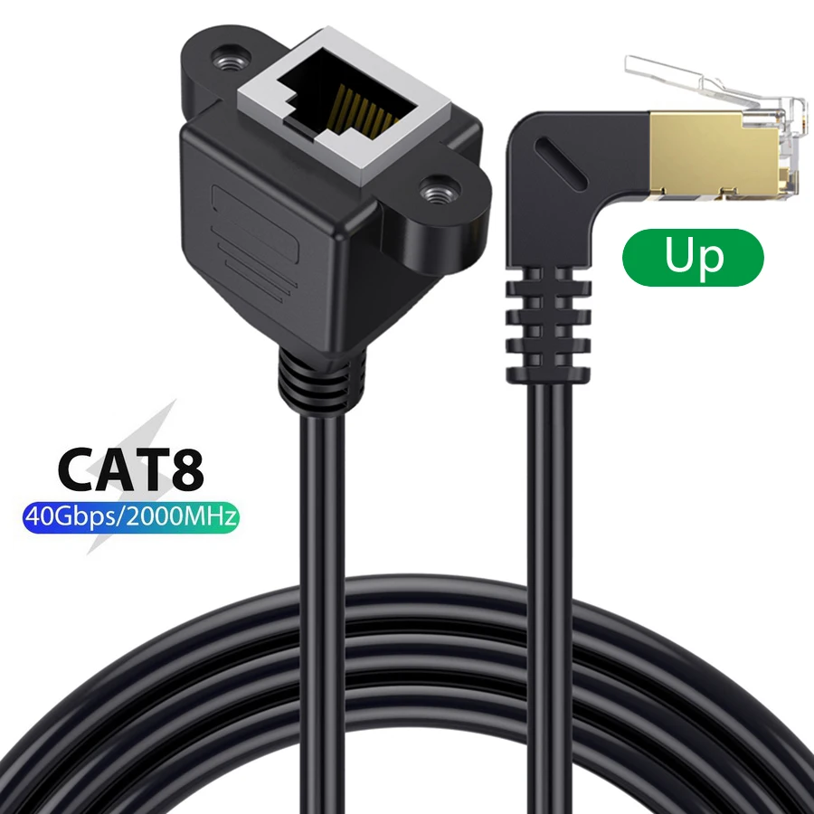 90 Degree Angle CAT8 8Pin RJ45 40Gbps 2000MHz Ethernet Network Extension Cable Male To Female For Laptop PC Router Computer Cord