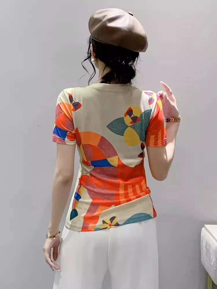 New Women Summer Elastic Print T-shirt Fashion O-Neck Short Sleeve Slim Mesh T-shirt Simplicity Streetwear Personality Tees