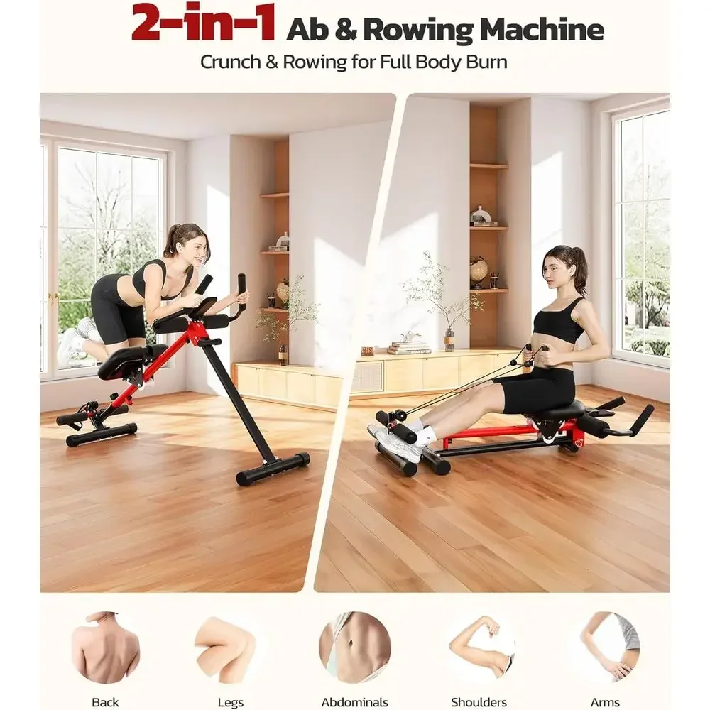 Dual-Function Adjustable Ab and Rowing Machine for Home Fitness with Foam Support