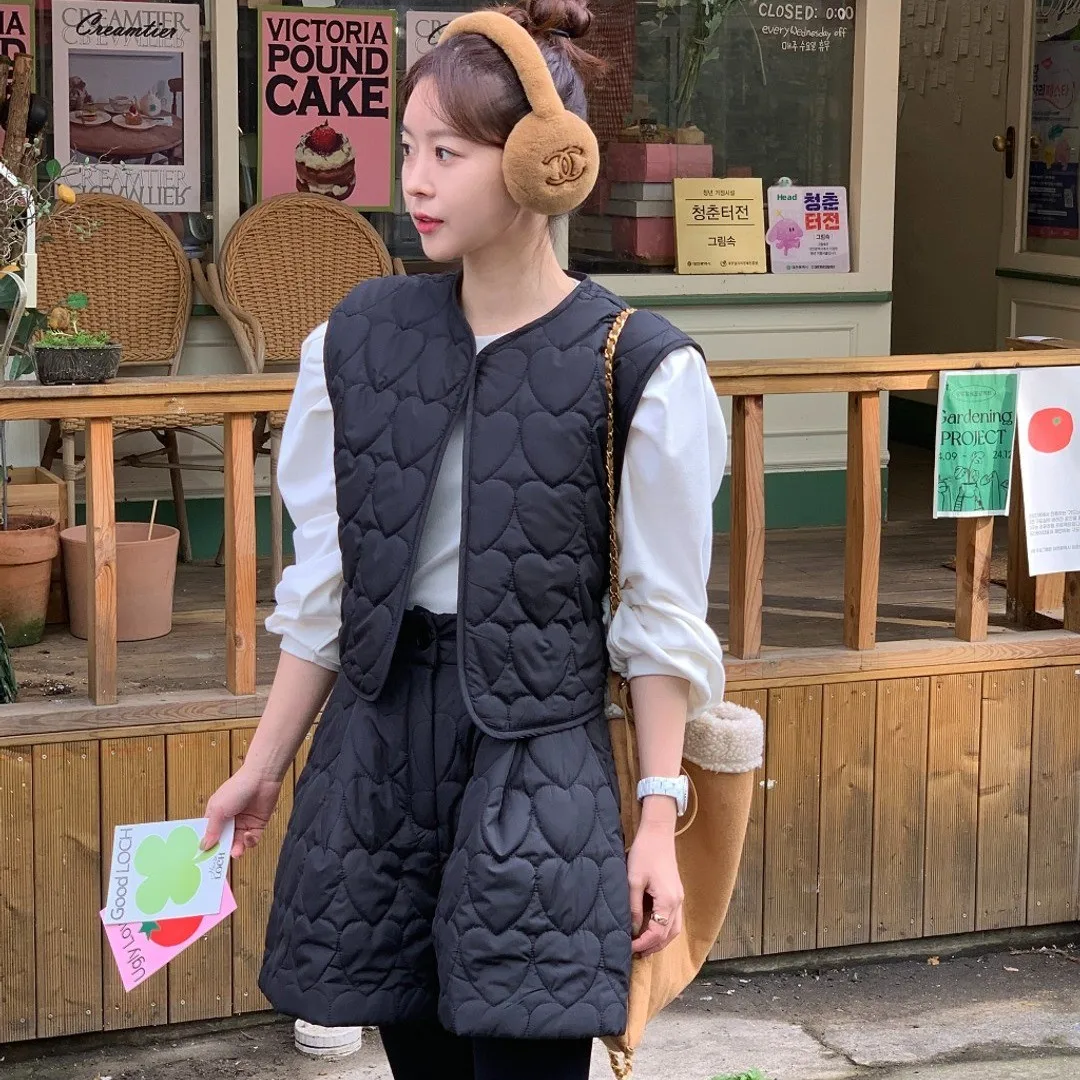 韓国風シックなハート柄コットンベストトップとカジュアルスリムフィットパンツのツーピースセット レディースファッショナブル通勤服