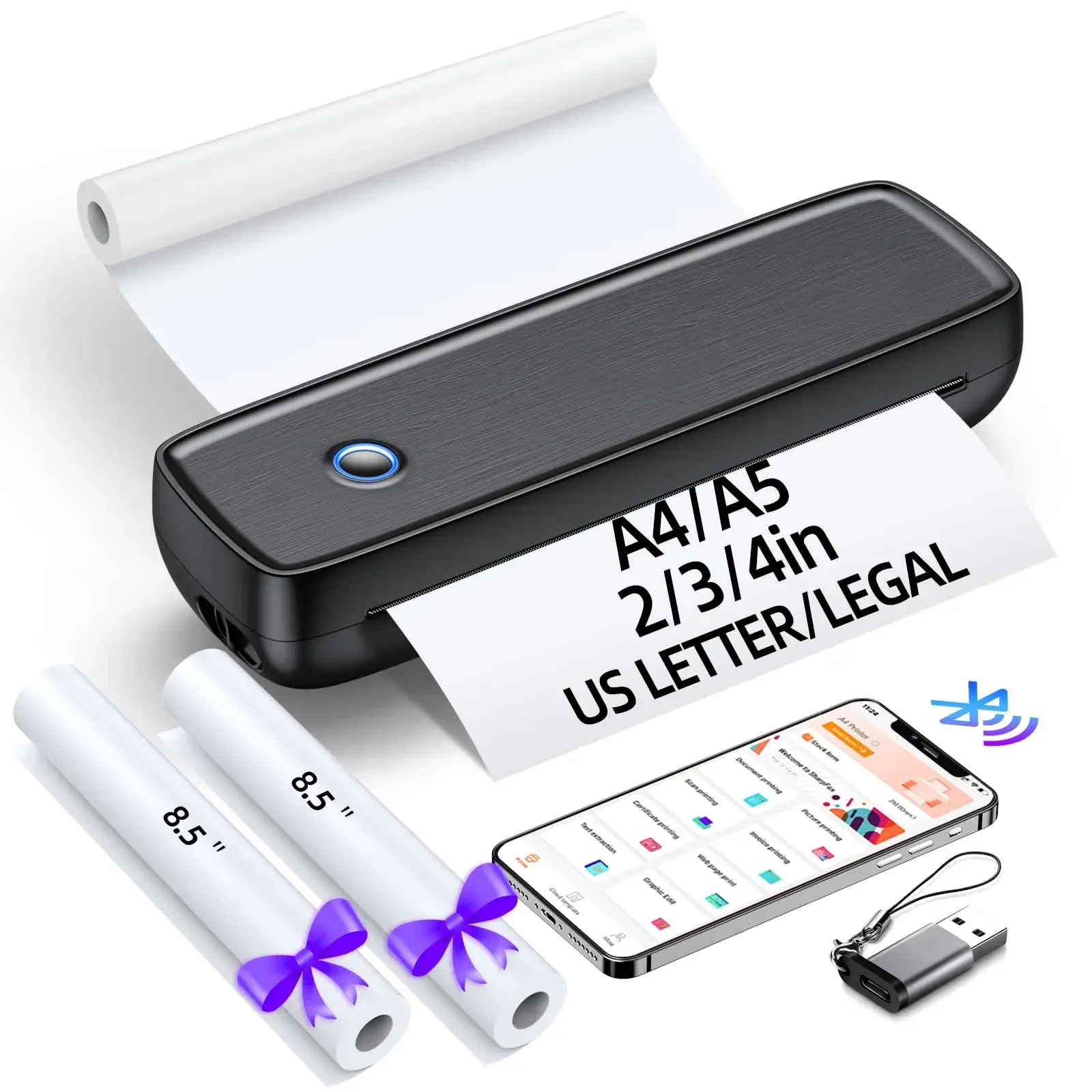 

Portable Printer Wireless for Travel A4&A5 Thermal Paper Inkless Printer Compatible with iOS Android Laptop for Office Car Home