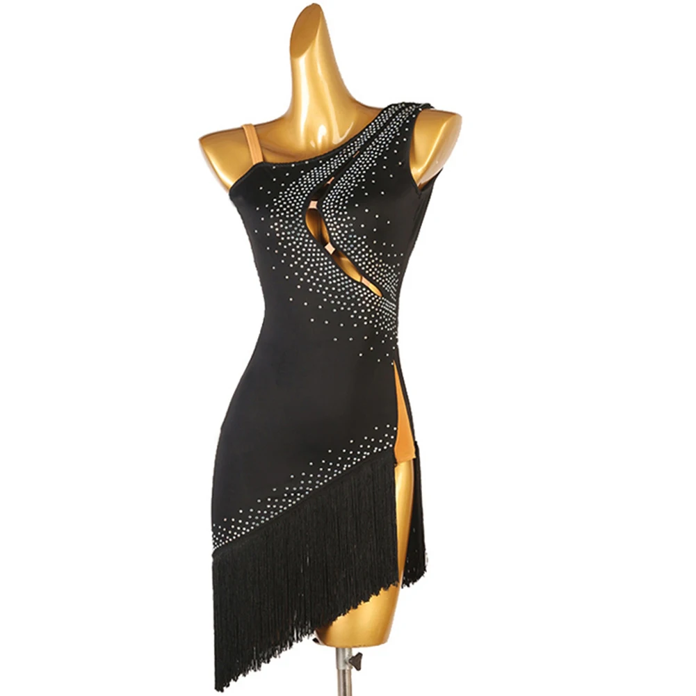 Pomarańczowy kostium do tańca latynoskiego Damski frędzel Rhinestone Fioletowy Backless Tango Sukienka Bez rękawów Pasek Samba Czarny Nowa scena
