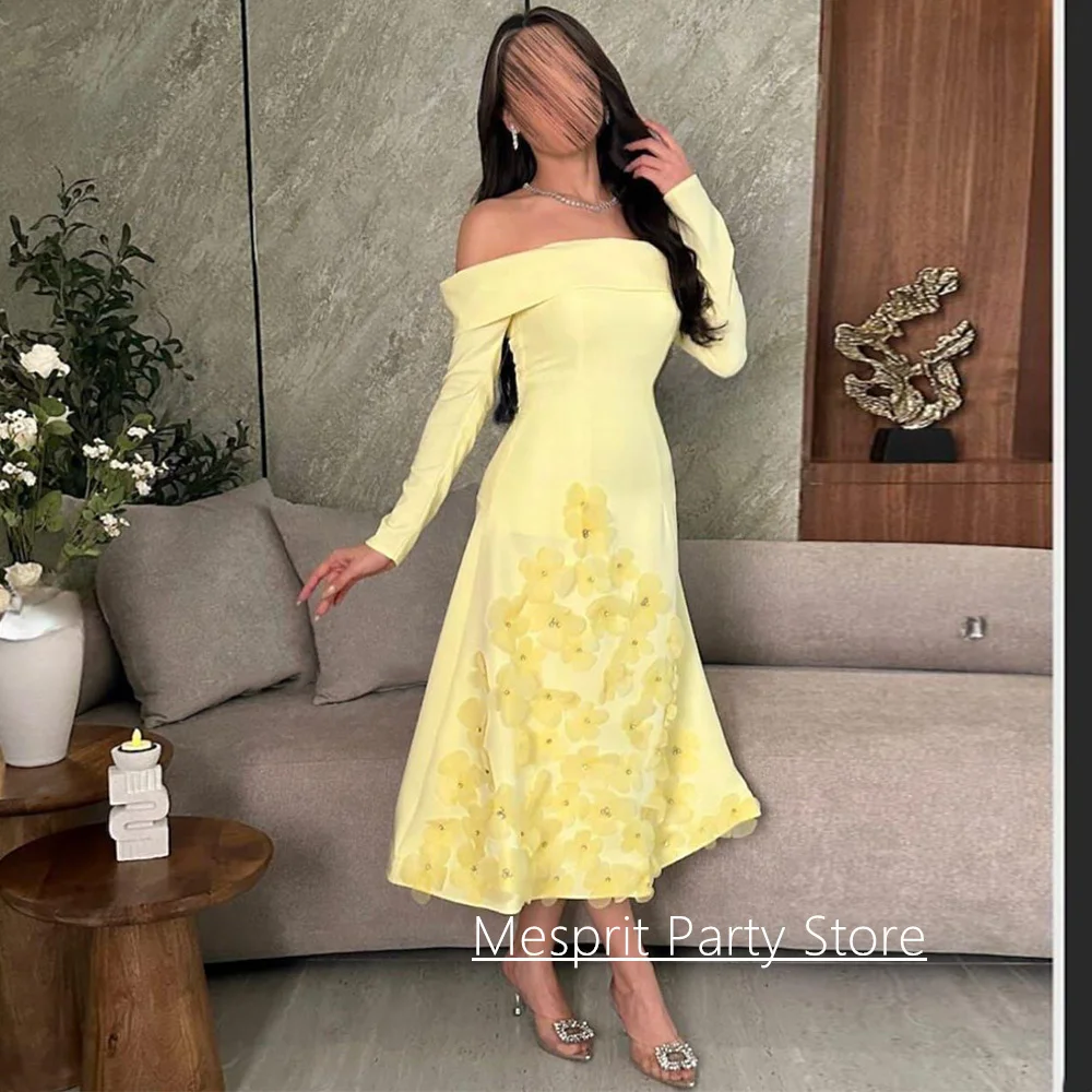 

Arabian Cocktail Party Dress Customized Boat Neck Long Sleeves Beading Flowers Tea Length A Line Evening Gown Prom Dresses
