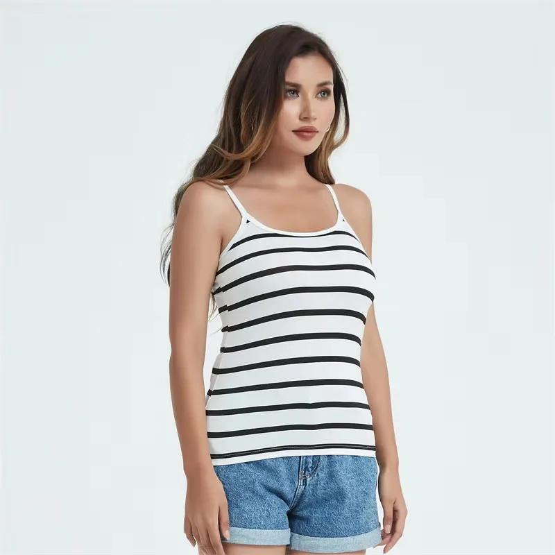 Women Summer Tanks Camis Vest Fashion Casual Sleeveless Cotton Elastic Ladies Street Stripe Tanks Tops Tees Hotsweet