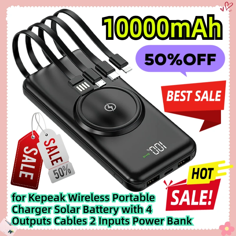

10000mAh for Kepeak Wireless Portable Charger Solar Battery with 4 Outputs Cables 2 Inputs Power Bank