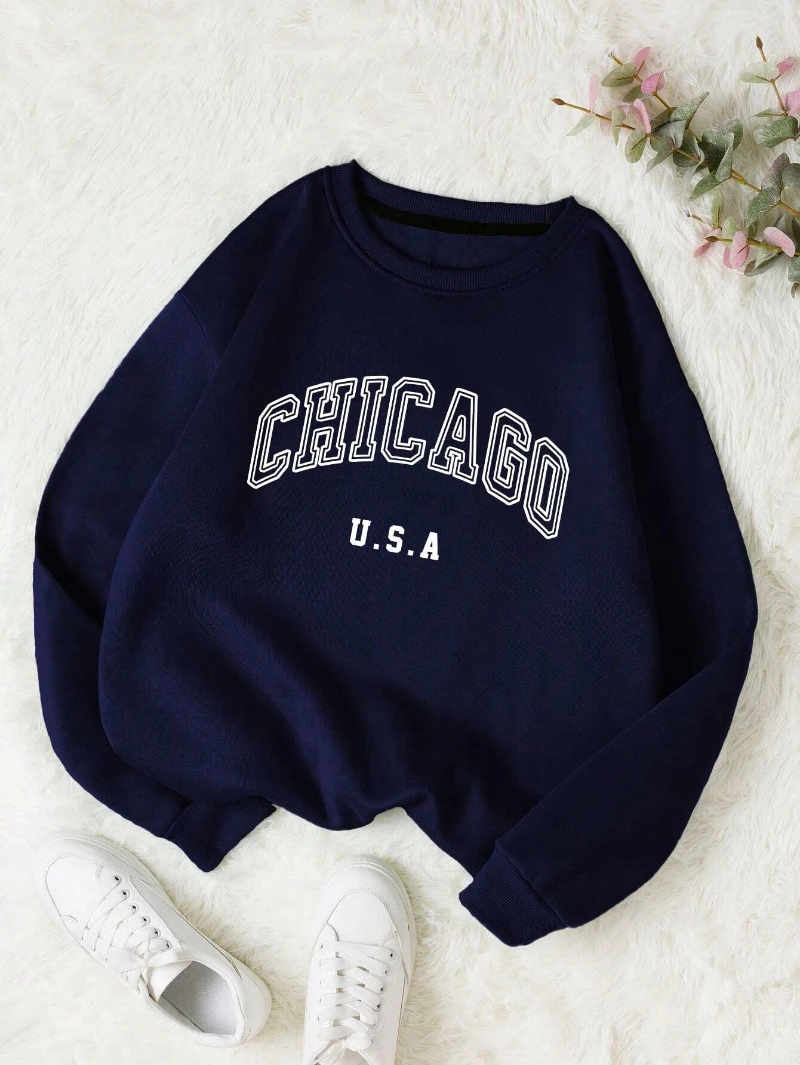 Casual Women Sweatshirts Chicago USA Letter Prints Pullover Fashion Crewneck Oversize Hoodie Fleece Warm Female Autumn Clothes