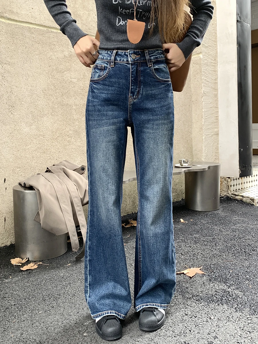 

Винтажные расклешенные джинсы, женские свободные широкие брюки, прямой крой, джинсовые синие длинные брюки с высокой талией, повседневная одежда, хлопок, стрейч