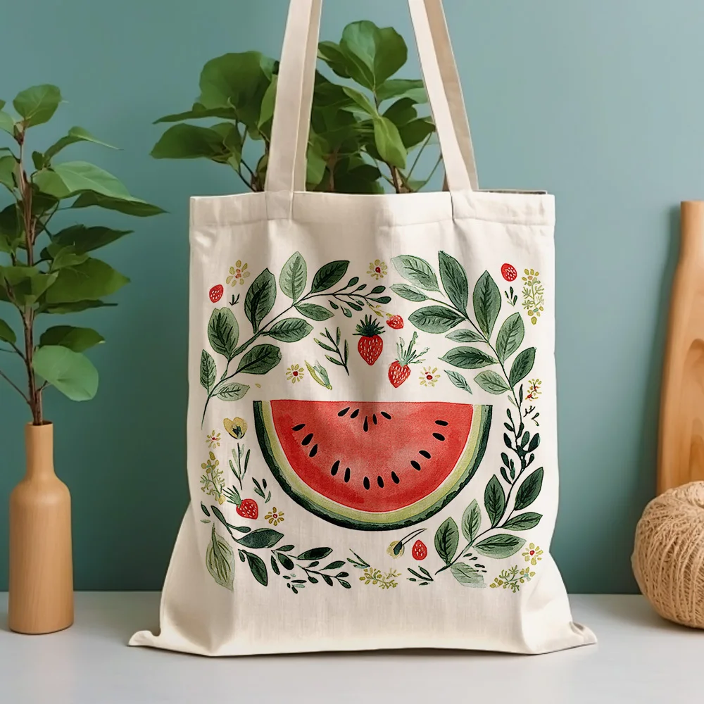 A Watermelon strawberry leaf pattern print canvas tote bag, suitable for daily use, shopping, school, and travel