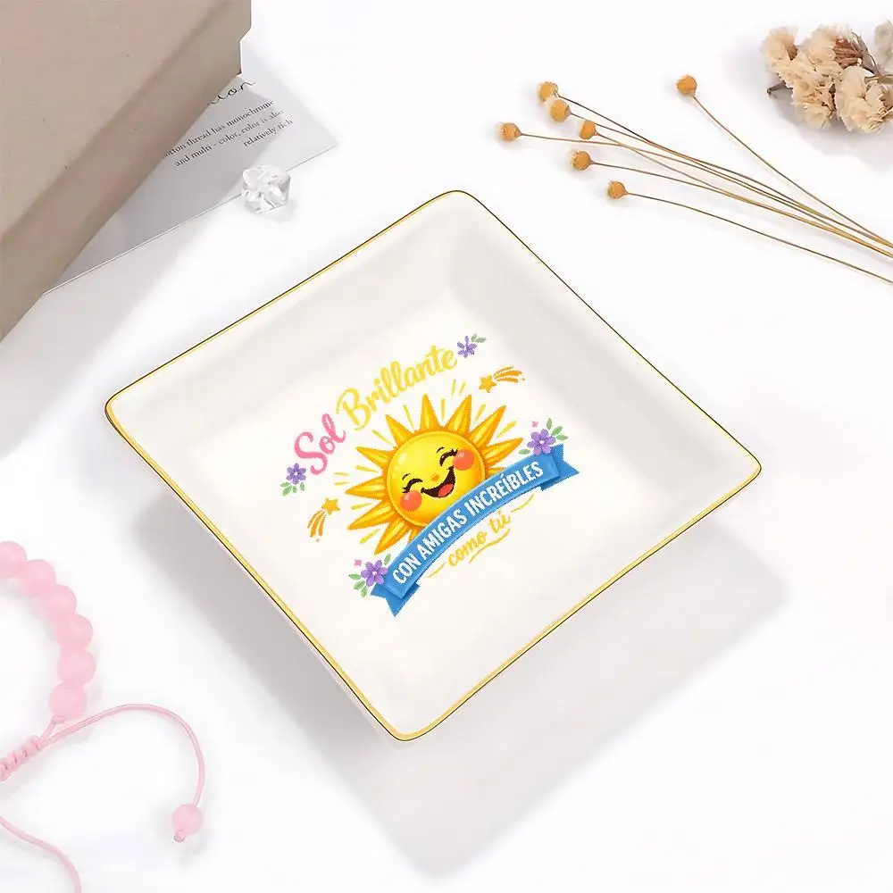 Smiling Cartoon Sun Square Ceramic Jewelry Dish, Jewelry Stand, Kawaii Style with Floral Accents & Warm Spanish Friendship Messa
