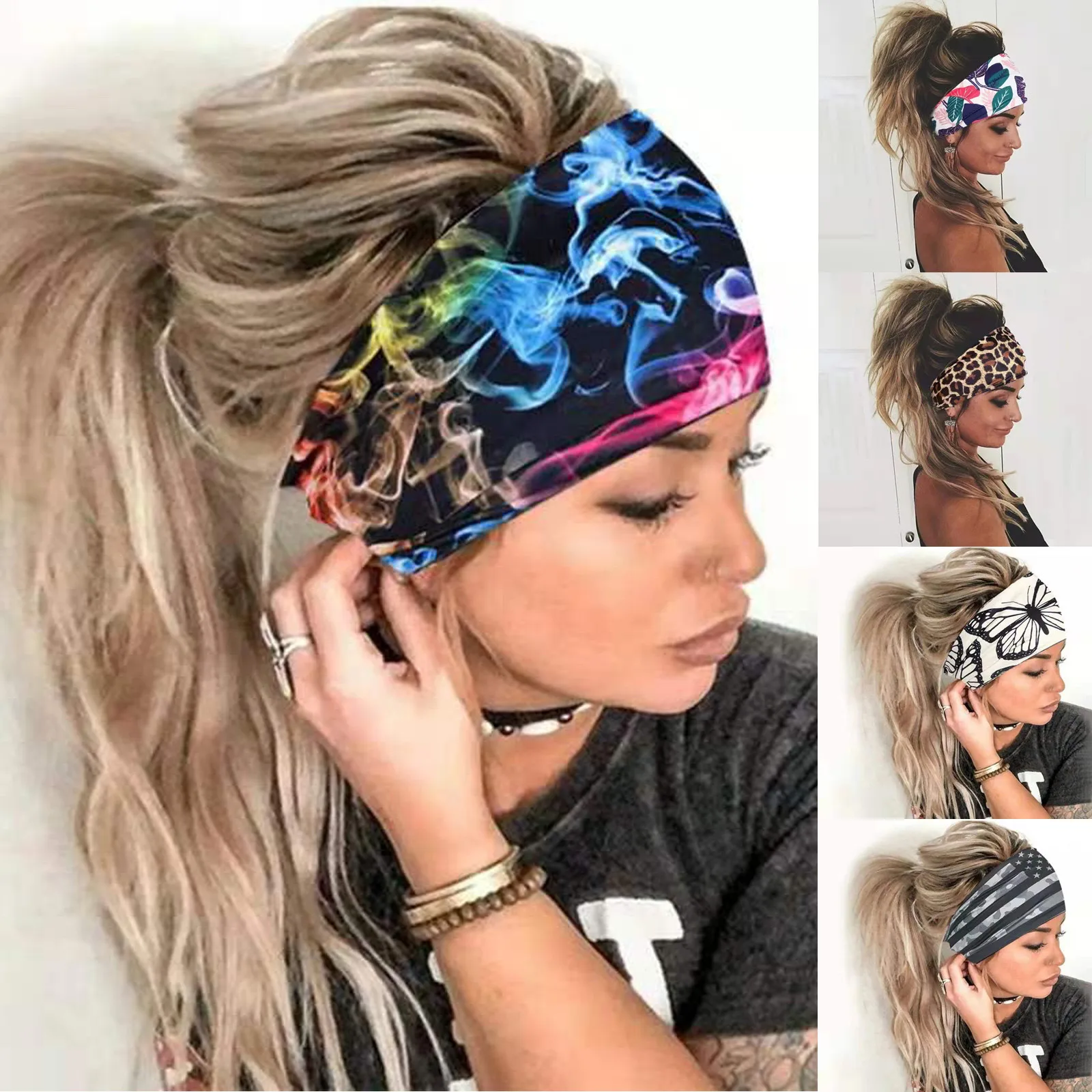 

Boho Stretch Headwrap Women Rose Flower Print Headband Elastic Head Wrap Hair Band Bandana Headband Wide Scarf Turban