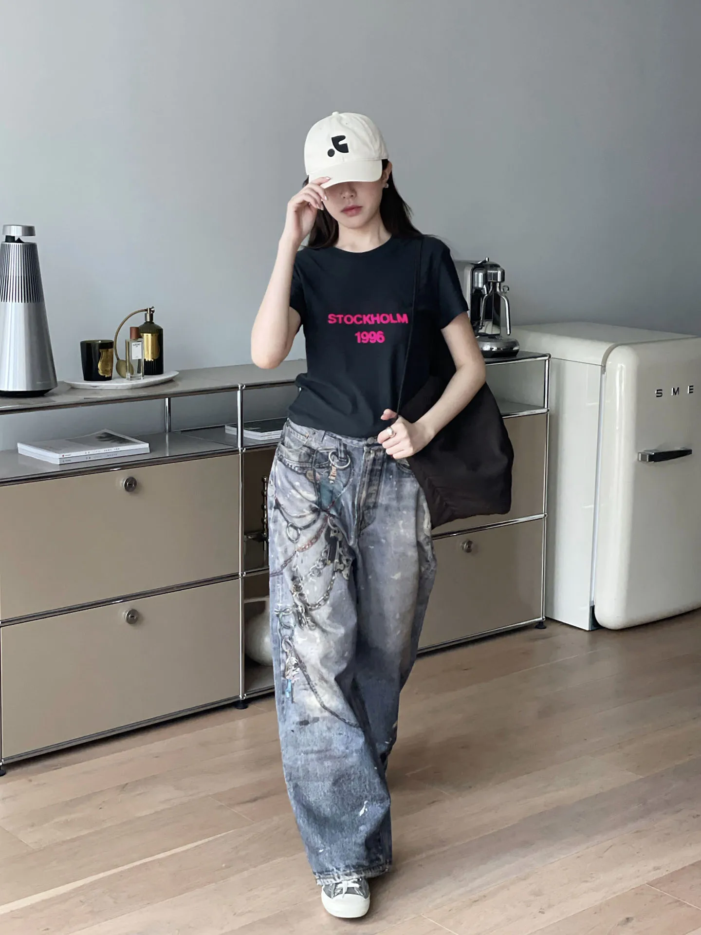 

Faionable Digital Direct Spray Wide Leg Jeans Women's Straight Cut Sli High Waist Cotton Adult Spring Season Jeans