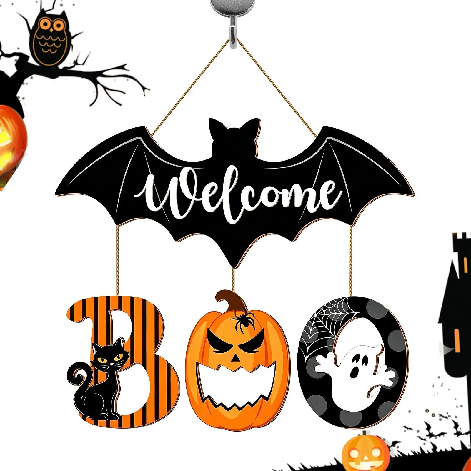 Halloween Welcome Sign for Front Door Wooden Front Door Decorations Spooky Bat Welcome Hangable Sign for Indoor Outdoor Living