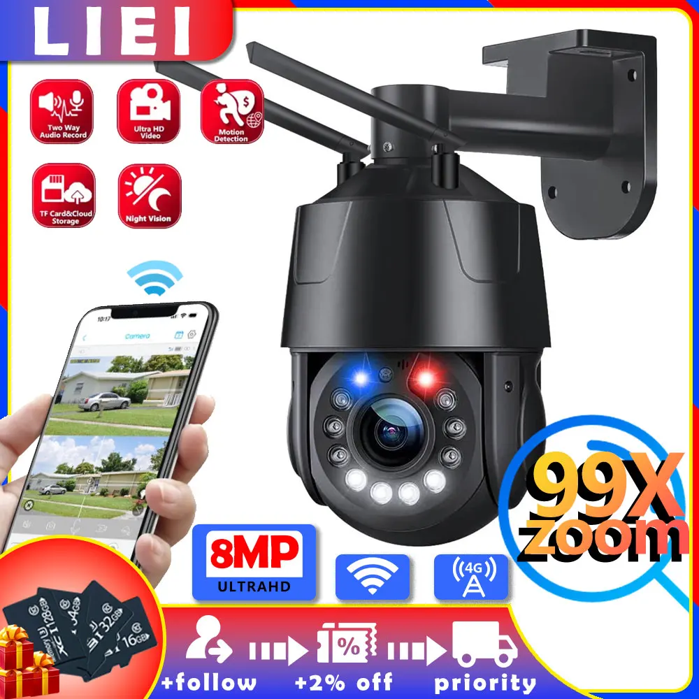 

LIEI 99X Optical Zoom Outdoor Surveillance Camera WIFI 4G POE 8MP 5MP AI Auto Tracking 150M IR Distance Metal PTZ Security Cam
