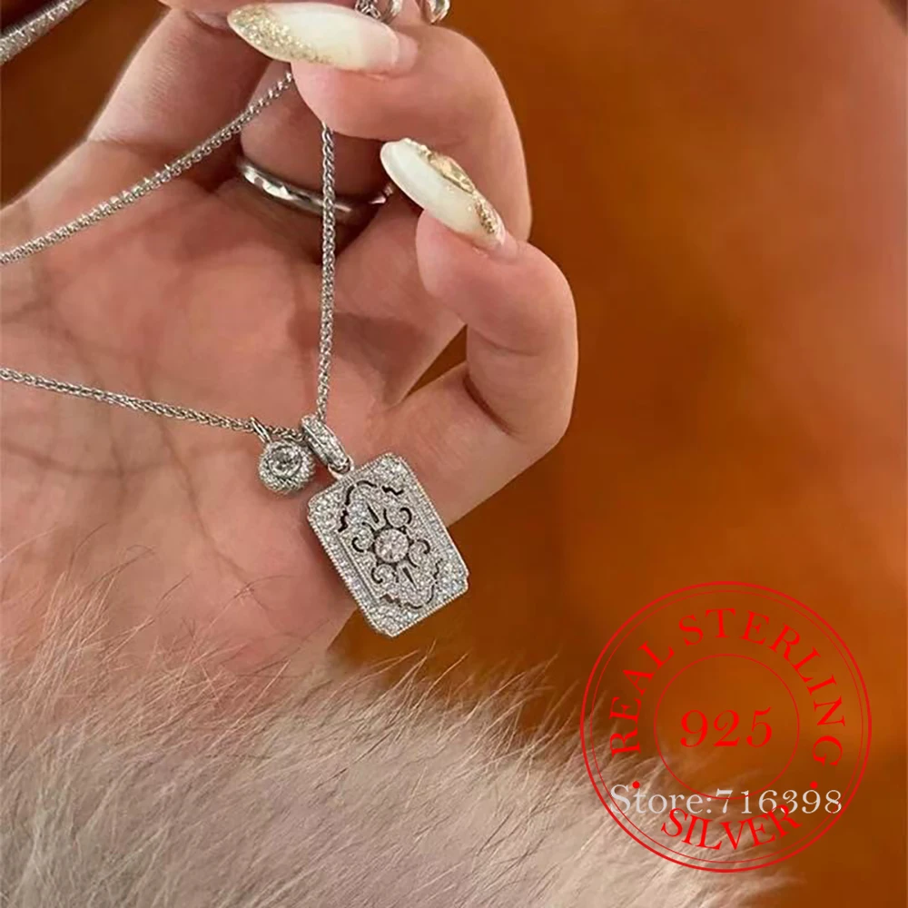 

Ожерелье из стерлингового серебра 925 пробы с кристаллами и геометрическим квадратным кулоном для женщин, колье-цепочка, свадебное обручальное ювелирное изделие, подарок