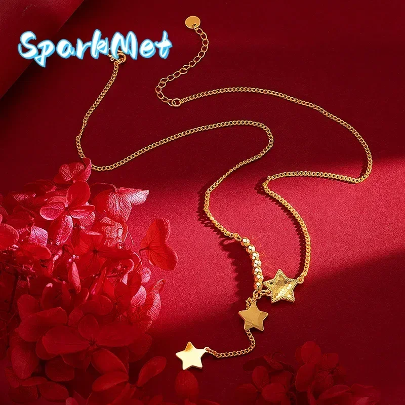 

Christmas 24K Yellow Gold Fish Scale Five-pointed Star Necklace, 9999 Real Gold Women's Dragon Scale Small Star Chain Birthday G
