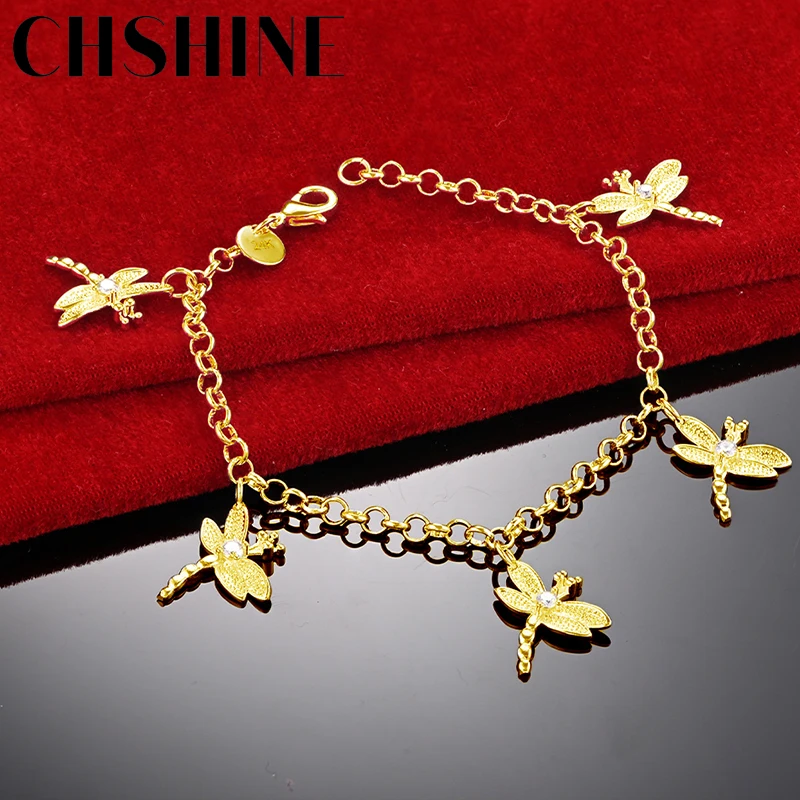 

CHSHINE 18K Gold Five Dragonflies Pendant Bracelet For Women Wedding Engagement Party Fashion Charm Jewelry