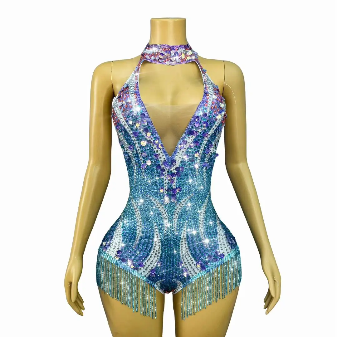 ชุดจั๊มสูทหรูหราสำหรับงานปาร์ตี้ตอนเย็นของผู้หญิง แบรนด์ Xingyueye ดีไซน์เซ็กซี่แบบคล้องคอ เปิดหลัง คอวี แต่งพู่ห้อย ประดับคริสตัล เหมาะสำหรับการแสดงในบาร์