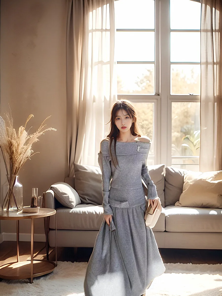 Moda duas peças conjunto de saia feminina roupas cinza slash neck fora do ombro pullovers cintura alta saias longas roupas casuais terno de malha