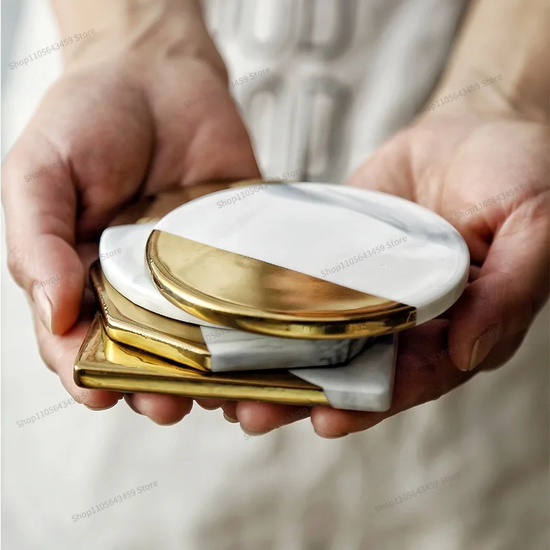 Nordic style ins Danish design marble pattern ceramic coaster thermal insulation pad gold-plated edge tea pad shooting props