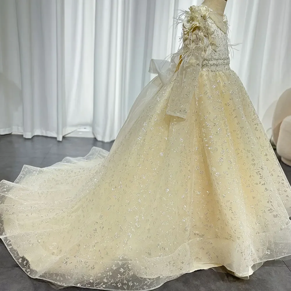 Ivory Flower Girl Dress Long Lace Sleeve Sequin Ball Gown Wedding Gown First Christmas Party Dress With Train For Girlsفسات