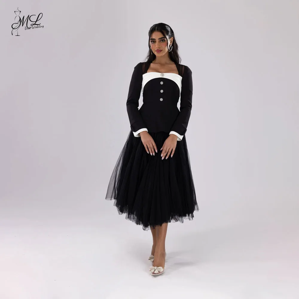 

ML Princess Dubai Arab Prom Black Dresses A-Line Tea-Length Women Square Button Customized Evening Gowns Formal Party Dress