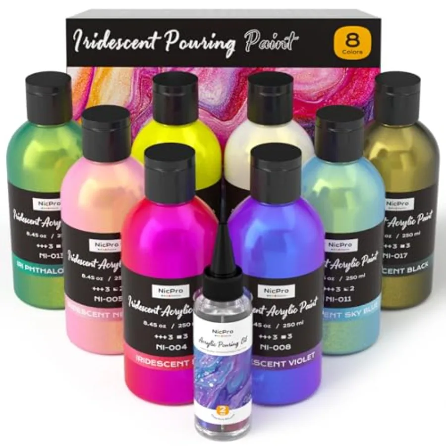 

Iridescent Metallic Acrylic Pour Paint Supplies Kit. 45oz Large Ready-To-Pour Premixed High Flow Pouring Paint Set with Silicone
