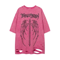 Hip Hop Gothic Alphabet Skeleton Print T Shirt Tee Oversized Mens Streetwear Vintage Washed Distressed Ripped Man T Shirt Casual