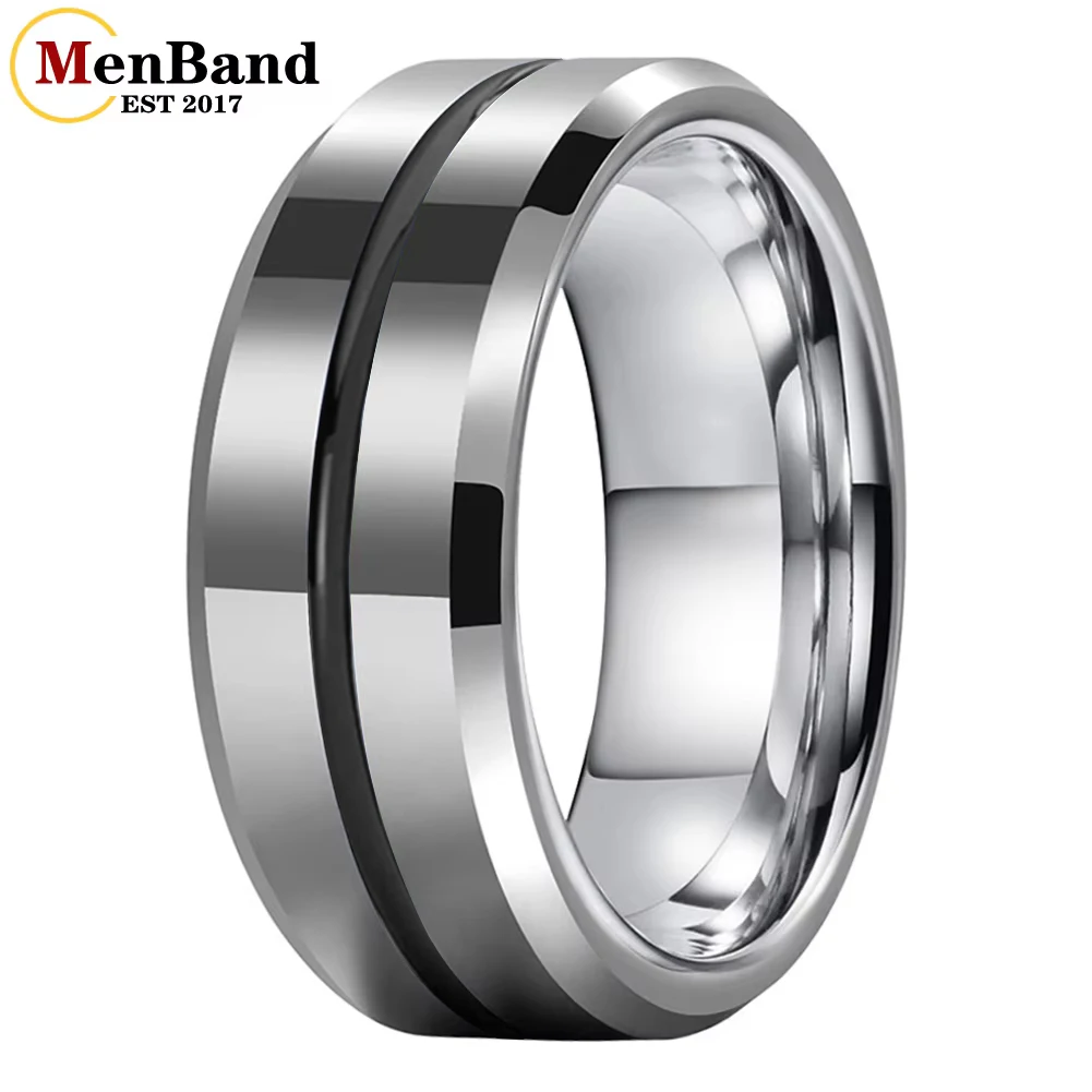 MenBand 8MM Golden Center Grooved Flat Polishing Men Women Tungsten Carbide Wedding Ring Stylish Gift Jewelry Comfort Fit