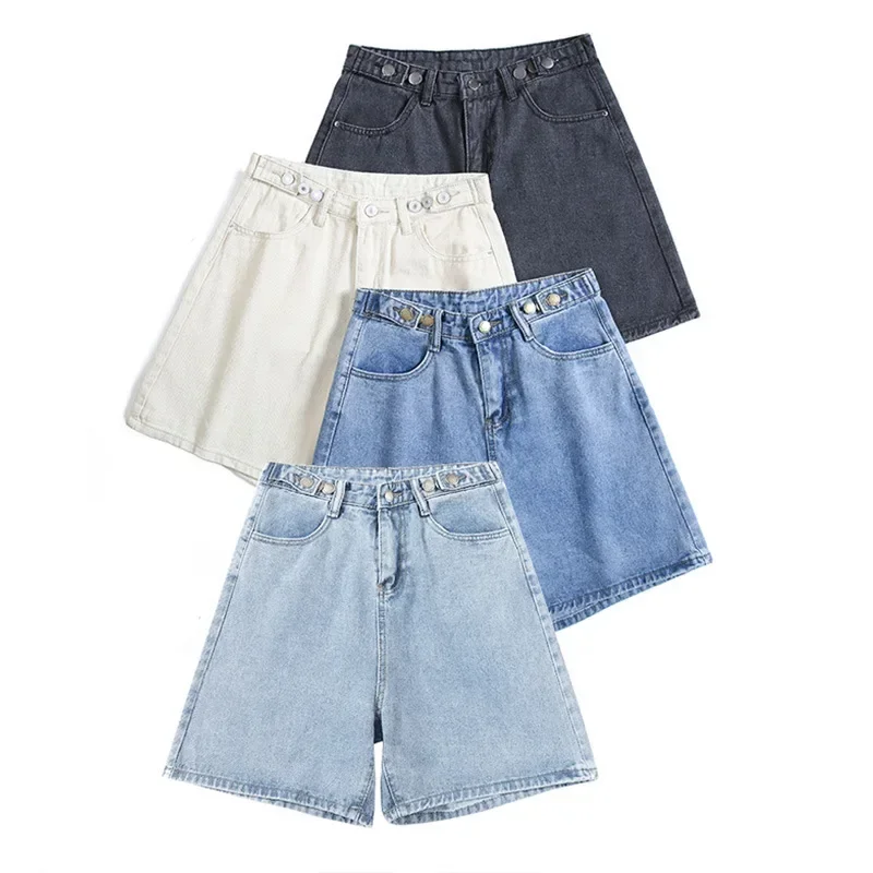 New Summer Women High Waist Button Wigh Leg Jeans Shorts Casual Female Loose Fit Blue Denim Shorts