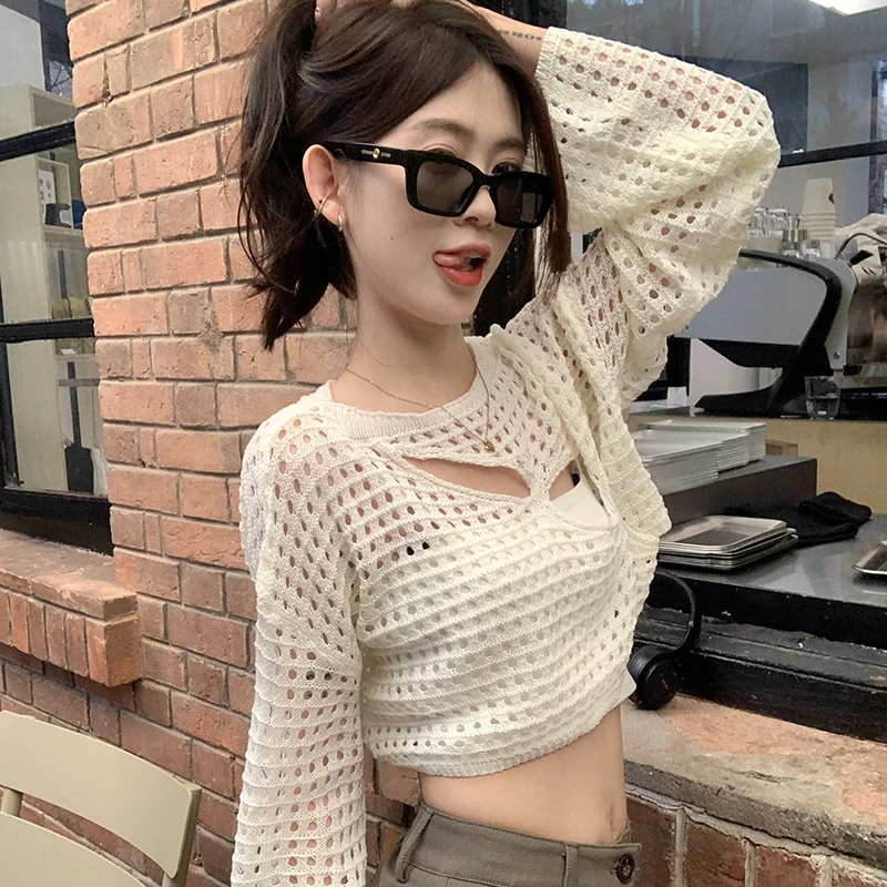 Aesthetics Cropped Pullovers Women Summer Thin Hollow Out Design Fashion All-match Sheer Elegant Casual Korean Style Soft Simple