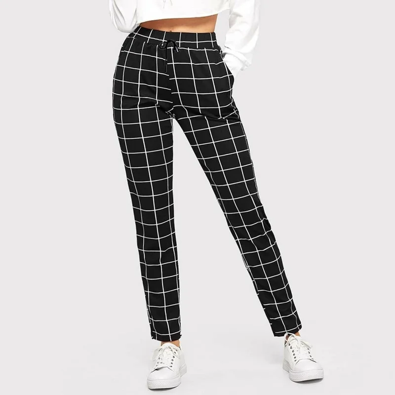 

Spring Women Black Plaid Printing Casual Skinny Pants Female Fitness Legging Pocket Leisure Time Pencil Pant Lady Trousers