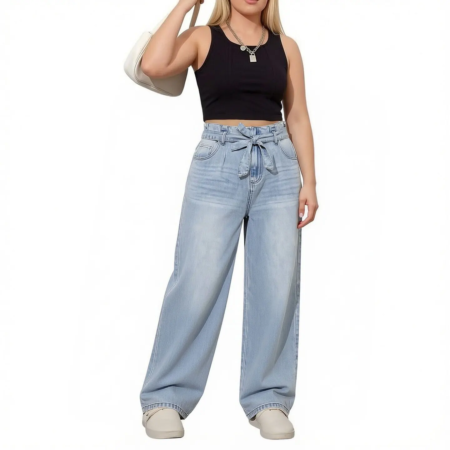

plus Size Women's High Waist Wide Leg Jeans Thin Slimming Light Blue Spring Summer Cotton Stretch Belted Denim Pants