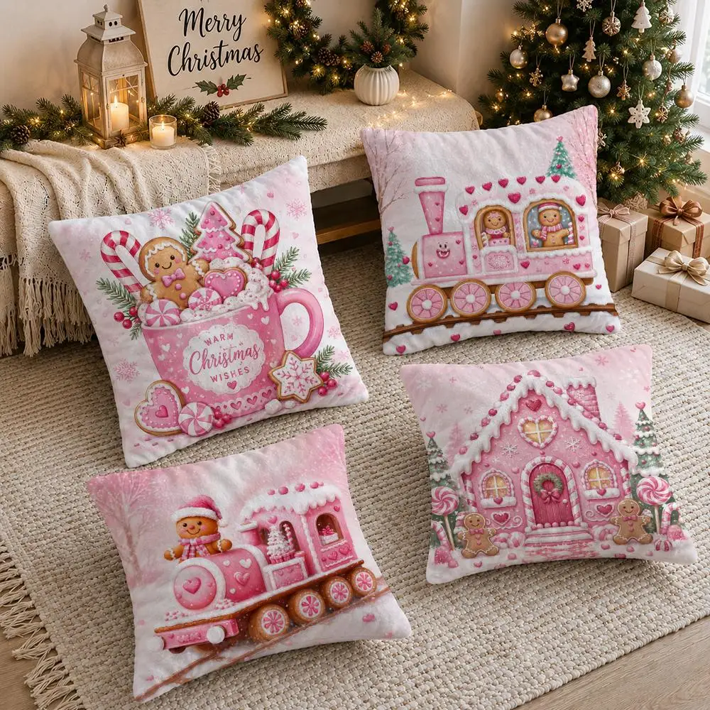 Pink Christmas Gingerbread Cushion Cover Soft Short Plush Double-Sided Printing Sofa Home Decor Festival Pillow Case Gifts