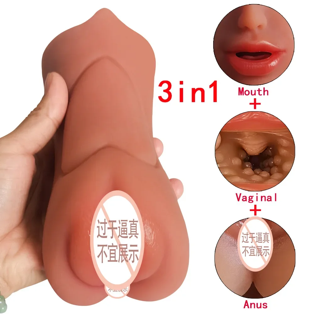 3in1 Mouth Vagina Anal Plug Band Teeth Male Masturbator Airplane Cup Deep Throat Silicone Dildo Moves Masturbation Toys for Men