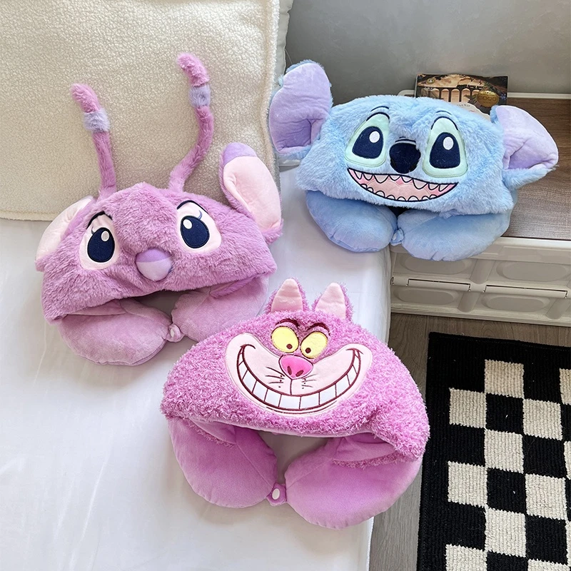 Cute Stitch Angel U-shaped Hooded Pillow Lovely Stuffed Anime Cartoon Neck Pillow Nap Travel Japanese Style Neck Pillow