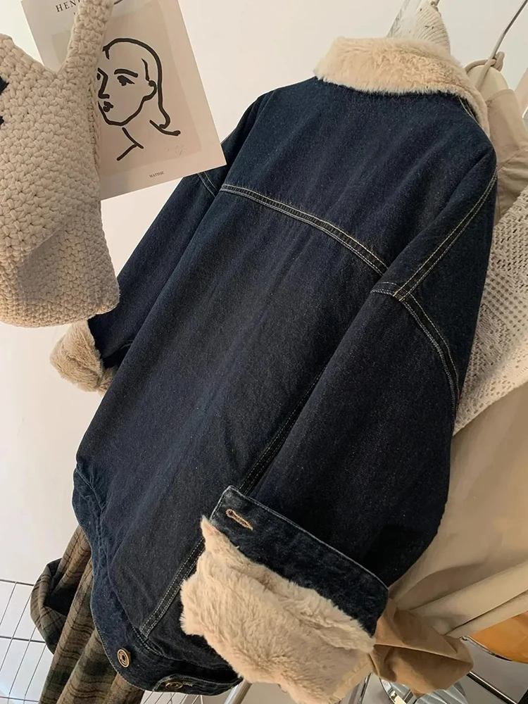 Chaqueta vaquera de felpa Vintage para mujer Y2K, abrigos vaqueros cálidos con solapa gruesa y holgada para invierno, ropa de calle con una botonadura, prendas de vestir que combinan con todo