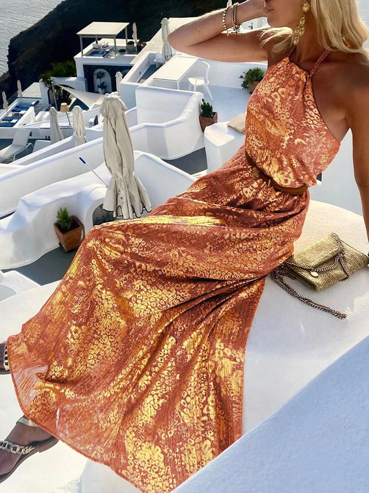 Summer Off Shoulder Women Loose Long Dress Elegant Female Sleeveless Party Club Dress Beach Loose Halter Chic Maxi Dress Vestido