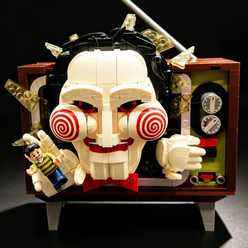 Genuine JAKI Chainsaw Massacre Series Building Blocks Billy The Puppet Pig Mask Assembly Model Salll Tape Recorder Display Gift