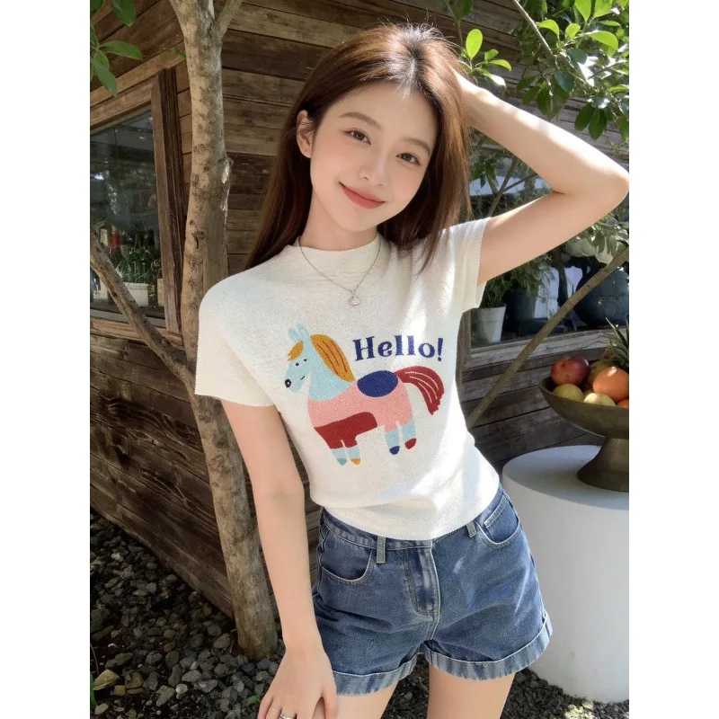 Miyake Pleated Original New Casual Style Pony Fashion 2026 Print Women's White Loose Versatile Slimming Short Sleeve T-Shirt