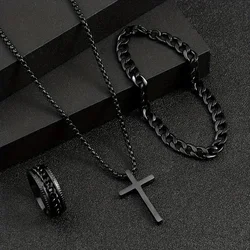 3pcs/set Punk Black Cross Pendant Necklace Thick Chain Bracelet Ring Fashion Jewelry Sets Men for Autumn