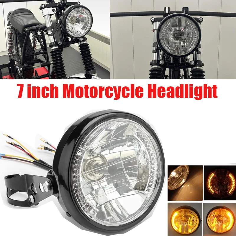 Retro 7 Inch Motorcycle Headlight With 9Wire LED Turn Signal H4 Halogen Round Blub Front Headlight Mount Bracket For Harley