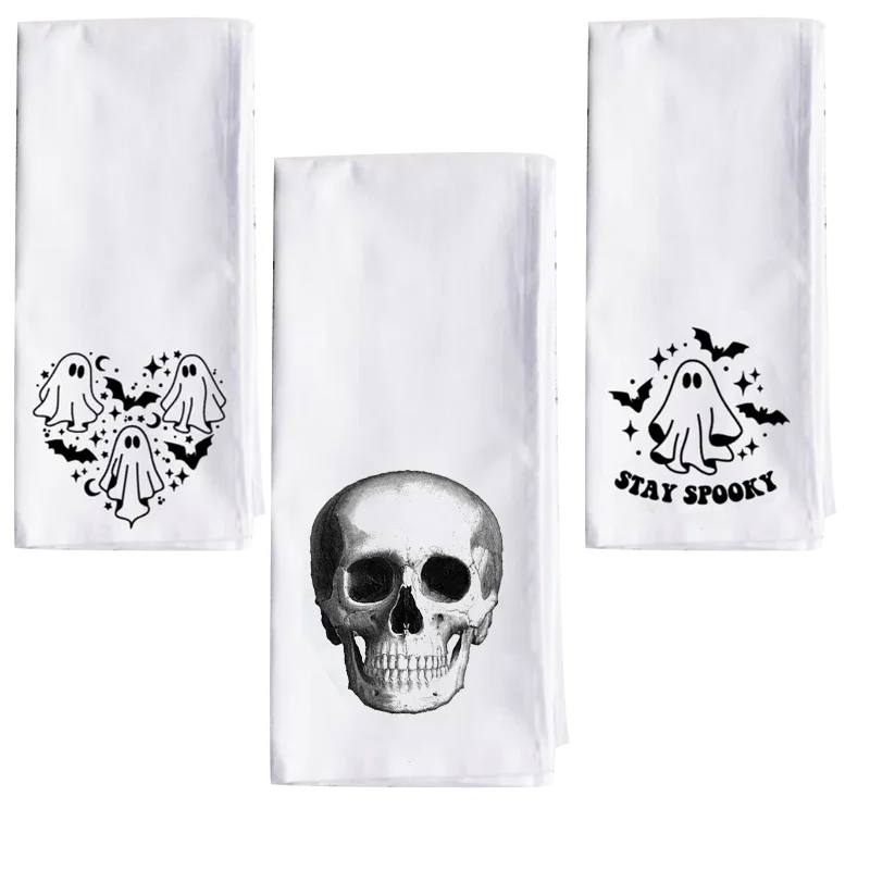 Vintage Halloween Skull Cotton Kitchen Flour Sack Tea Towel Hostess Gift Spooky Tea Towel Halloween Hand Towel Room Decoration