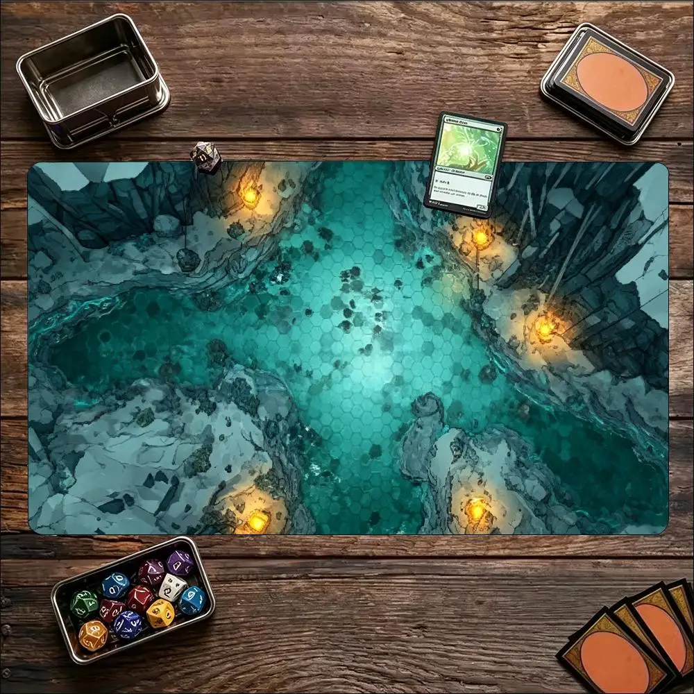 Game Playmat Glowing Dark Cave Dungeon Art Print Stitched Edge Anti‑Slip Rubber Mat for Board Card Game Desk Gaming Home Office