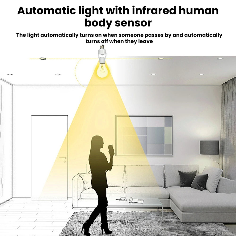 

Wireless E27 Human Body Sensor Socket Converter Infrared Motion Light Bulb for Staircase Corridor Room No Wiring Required