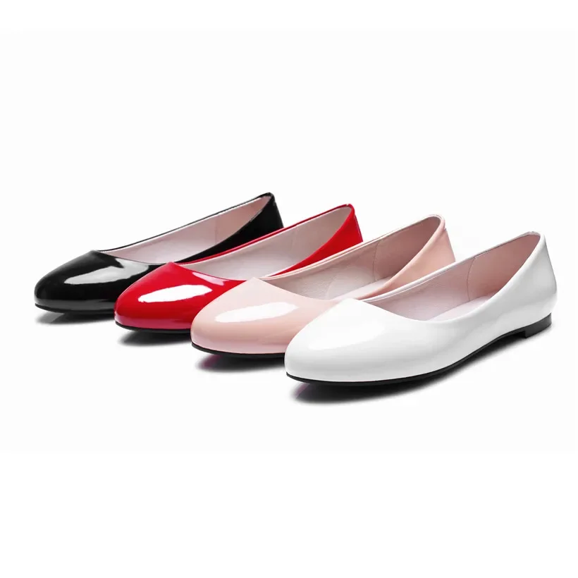 Big Size Concise Women Flats Red Black Patent Leather Round Toe Spring Summer Casual Office Lady Nurse Slip-on Ballet Boat Shoes